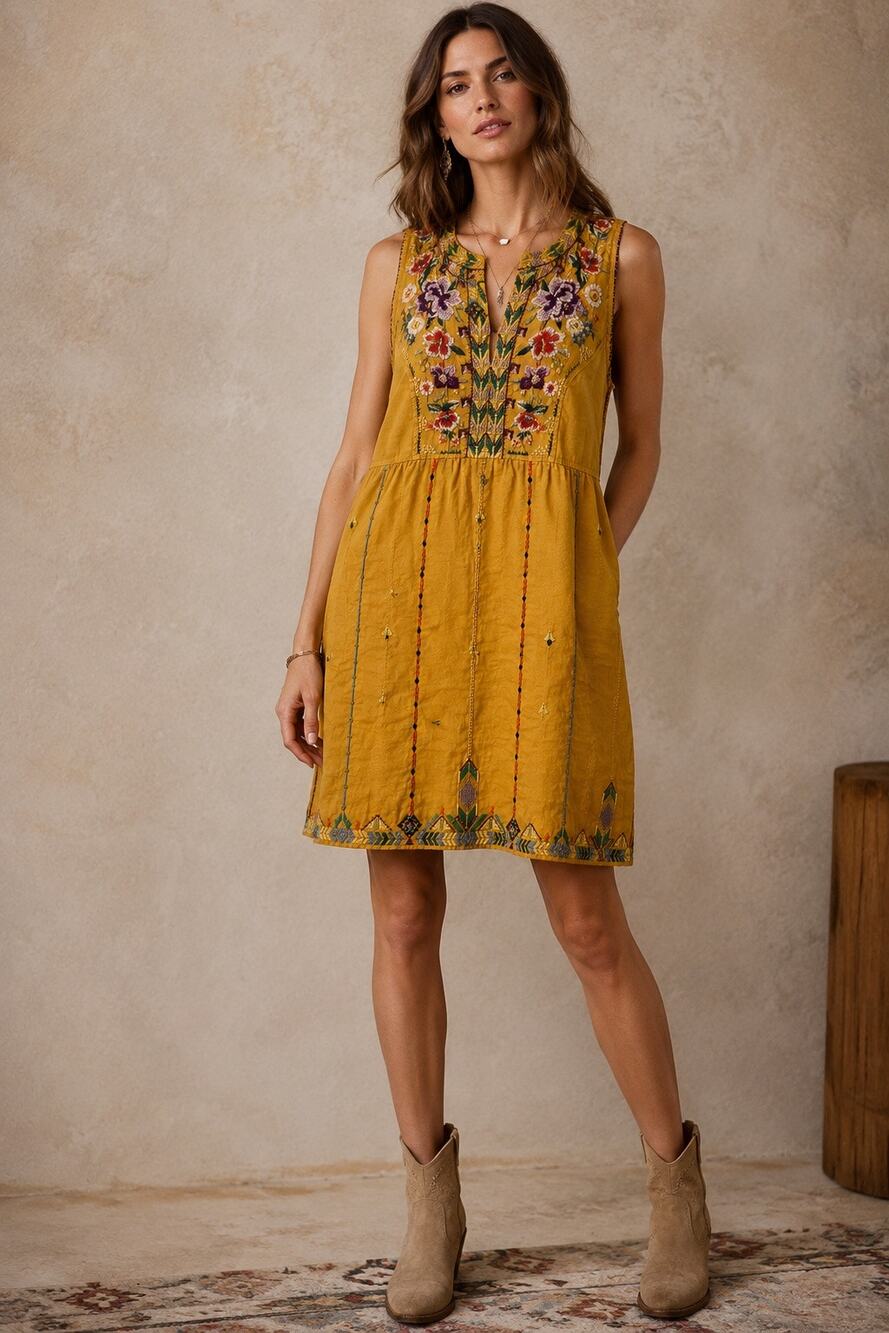 Johnny Was Maiorca XS Marigold Linen Embroidered Boho Mini Dress Resort Coastal
